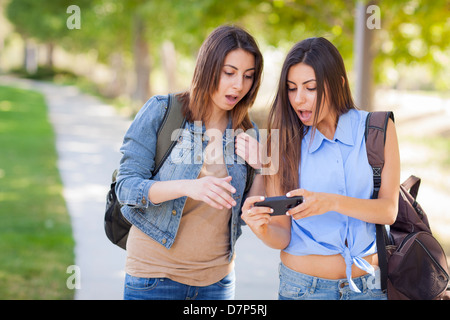 Junger Erwachsener gemischt Rennen Zwillingsschwestern teilen Handy Erfahrung außerhalb. Stockfoto