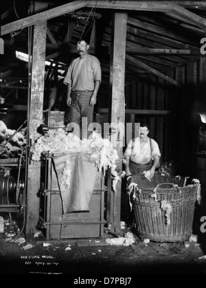 Dieses Archivfoto aus dem Powerhouse Museum zeigt Fabrikarbeiter, die in einer Baumwollfabrik Wolle pressen. Das Schwarz-weiß-Bild zeigt die industrielle Arbeit des frühen 20. Jahrhunderts und unterstreicht die Bedeutung der Textilindustrie. Stockfoto