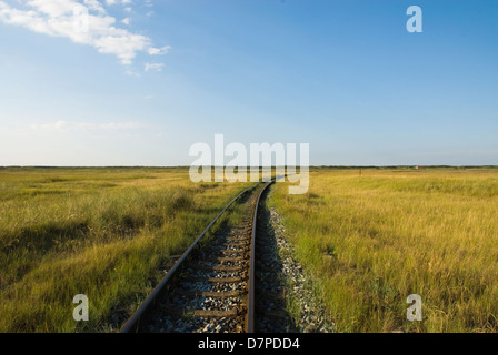 Gleise der Insel Wangerooger Schmalspur-Eisenbahn, Bahngleise der Wangerooger Insel-auch Stockfoto