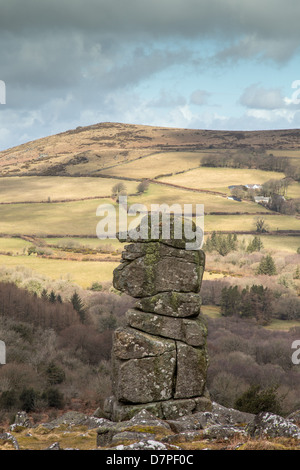 Felsvorsprung auf Dartmoor, Devon UK bekannt als Bowermans Nase, April 2013 Stockfoto