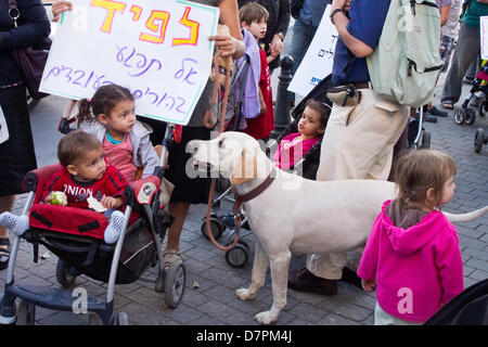 Jerusalem, Israel. 12. Mai 2013. Baby Kinderwagen Demonstranten rufen gegen kürzlich ernannten Finanzminister Lapid, war die Hoffnung der Mittelklasse- aber jetzt verlorene Popularität, während anspruchsvolle subventionierte am Nachmittag Kinderbetreuung. Jerusalem, Israel. 12. Mai 2013.  Mehrere Dutzend Kinderwagen Demonstranten marschieren mit Kindern Jerusalems Emek Refaim Straße demonstrieren gegen Regierung Budgetkürzungen und anspruchsvolle subventionierte am Nachmittag Kinderbetreuung. Bildnachweis: Nir Alon/Alamy Live-Nachrichten Stockfoto