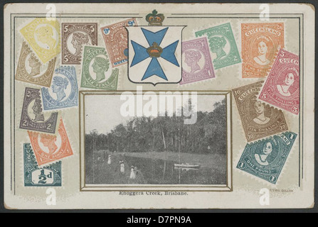 Ein historisches Bild aus dem Brisbane Powerhouse Museum, das den Knoggera Creek zeigt. Das Foto fängt die natürliche Schönheit des Baches und seiner Umgebung ein und bietet einen Einblick in die kulturelle und historische Bedeutung der Gegend. Stockfoto