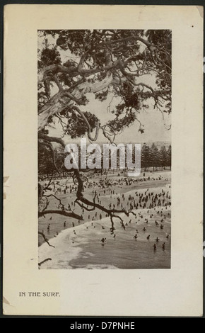 Ein Bild aus dem Jahr 1908 mit dem Titel „in the Surf“, ausgestellt im Powerhouse Museum. Das Foto zeigt Figuren, die mit dem Meer interagieren, und zeigt einen Blick auf die Strandkultur und Outdoor-Aktivitäten aus dem frühen 20. Jahrhundert. Stockfoto