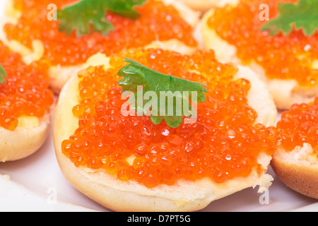 Sandwiches mit rotem Kaviar gesalzen, auf weißem Hintergrund Stockfoto