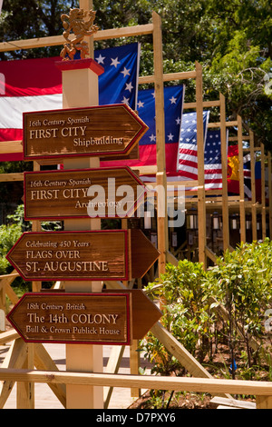 Eine Reihe von Flaggen zeigen alle diejenigen, die einst die Stadt überflogen sieht man im Kolonialviertel, St. Augustine, Florida Stockfoto