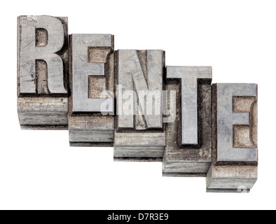 Metall-Druck einstellen, alte Briefe Blei für Buchdruck drucken, deutsche Wort für Rente Stockfoto