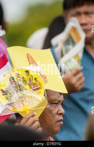 Bangkok, Thailand. 13. Mai 2013. Ein Mann Farbtöne selbst mit der Flagge von der königlichen Familie und ein Fan von Bhumibol Adulyadej, der König von Thailand und seine Frau, Königin Sirikit.  Die Royal Pflügen Zeremonie ist Thailand anlässlich der traditionelle Beginn der Reisanbau Saison statt. Das Datum ist in der Regel im Mai, sondern richtet sich nach Gericht Astrologen und variiert von Jahr zu Jahr. Während der Zeremonie zwei Heilige Ochsen sind gespannt auf einen hölzernen Pflug und pflügen ein kleines Feld auf Sanam Luang (gegenüber dem Grand Palace), während der Reis, die vom Gericht Brahmanen Samen gesät ist. Nach dem Pflügen sind die Ochsen aus Stockfoto