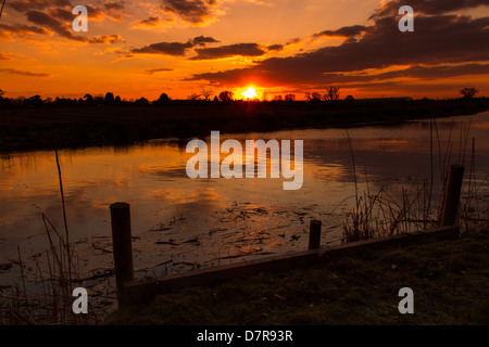 Sonnenuntergang am englischen Kanal.  Bridgwater und Taunton Kanal in Somerset England UK. Stockfoto