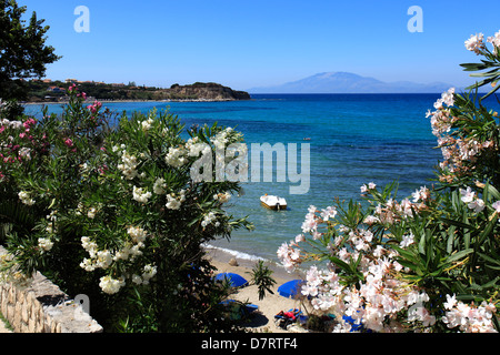 Blick auf den weiten Strand Bucht in Tsilivi Stadt, Insel Zakynthos, Zakynthos, Griechenland, Europa. Stockfoto