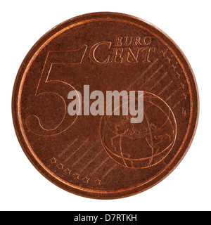 Einen spanischen Euro-5-Cent-Münze auf weißem Hintergrund Stockfoto