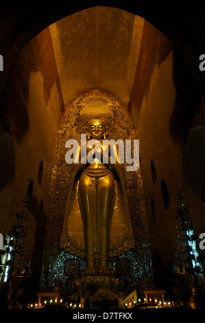 Kassapa Buddha-Statue ist nach Süden ausgerichtet und ist eines der vier stehenden Buddha im Inneren des berühmten Ananda-Tempels, alle bedeckt in gold Stockfoto