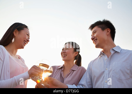 Gruppe von Freunden Toasten einander auf der Dachterrasse bei Sonnenuntergang Stockfoto
