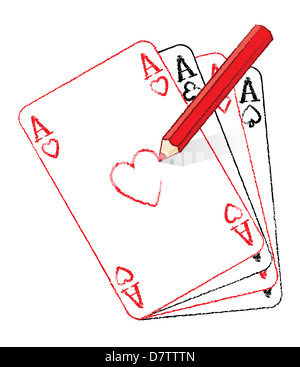 Roter Buntstift Zeichnung Ace of Hearts Spielkarten auf Fan von Asse Stockfoto