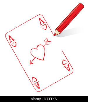 Roten Bleistift Zeichnung Ace of Hearts Spielkarten mit Amors Pfeil Stockfoto