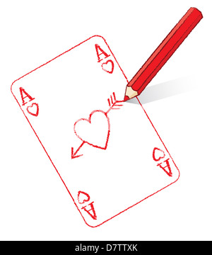 Roten Bleistift Zeichnung verschiedene Ace of Hearts Spielkarten mit Cupid'a Pfeil Stockfoto