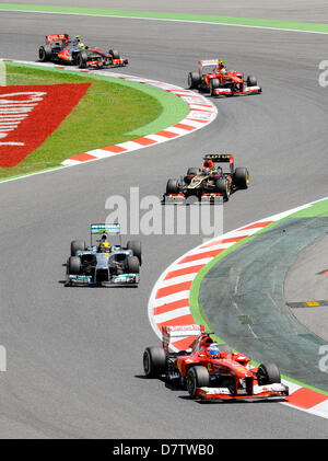 Montmelo, Spanien. 12th. Mai 2013. Von vorne: Fernando Alonso (ESP), Ferrari F138, Lewis Hamilton (GBR), Mercedes F1 W04, Kimi Räikkönen (Raeikkoenen, FIN),Lotus E21, Sergio Perez (MEX),McLaren Mercedes MP4-28 während des Formel 1 Grand Prix von Spanien 2013 auf der Rennstrecke Circuit de Catalunya in Montmelo bei Barcelona, SpanienCredit: Kolvenbach/Alamy Live News Stockfoto