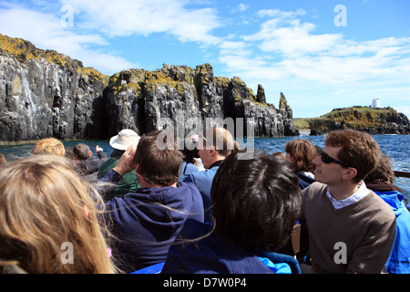 Touristen auf einer Bootstour betrachten die Vögel auf den Klippen auf der Isle of May in den Firth of Forth in Schottland Stockfoto