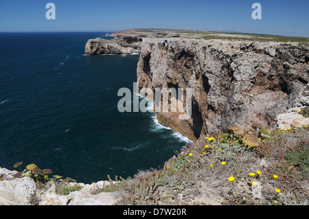 Kalkstein-Klippen laufen nördlich von Kap St. Vincent (Cabo de Sao Vicente) Südwestlichster Punkt, Algarve, Portugal Stockfoto