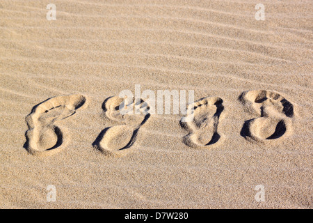 Zwei Fußspuren im Sand, St. Lucia Wetlands, Kwa-Zulu Natal, Südafrika Stockfoto