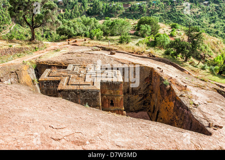 Monolithic Felsen gehauene Kirche Bete Giyorgis (St. Georg), UNESCO-Weltkulturerbe, Lalibela, Amhara Region, Nord-Äthiopien Stockfoto