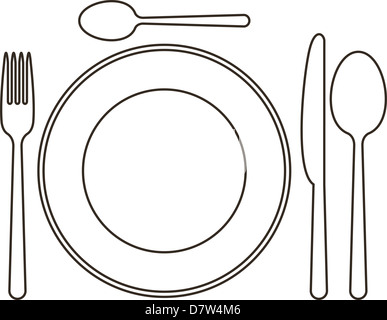 Gedeck mit Teller, Messer, Löffel und Gabel Stockfoto