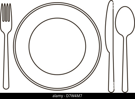 Teller, Messer, Löffel und Gabel Stockfoto