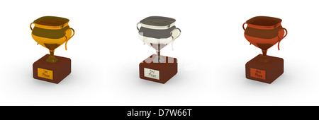 Erster, zweiter und Dritter Platz Trophäe auf weißem Hintergrund Stockfoto