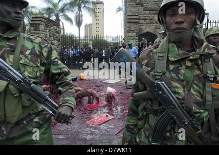 Nairobi, Kenia. 14. Mai 2013. Polizei blockieren Demonstranten von den Toren des Parlaments, nachdem sie etwa 20 Ferkel, ein Schwein und vergossenes Blut von Tieren veröffentlicht. Dies geschah zum ausdrücklichen Zorn an neu gewählte Mitglieder des Parlaments (MPs) fordern höhere Löhne. Die Demonstration in Rechnung gestellt als '' besetzen Parlament '' wurde von zivilgesellschaftlichen Gruppen organisiert und MPs als gierig zu porträtieren soll. (Bild Kredit: Kredit: Ric Francis/ZUMAPRESS.com/Alamy Live-Nachrichten) Stockfoto