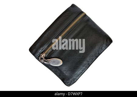 Leder schwarz Geldbörse mit Reißverschluss isoliert auf einem weißen Hintergrund. Stockfoto