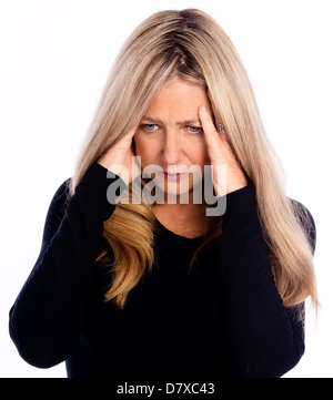 Ältere Frau mit Händen, für Stress Konzept Foto Gesicht Stockfoto