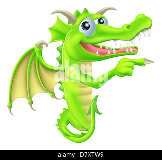 Eine Zeichnung von einem Cartoon Drachen Maskottchen spähen Runde ein Zeichen und zeigen Stockfoto