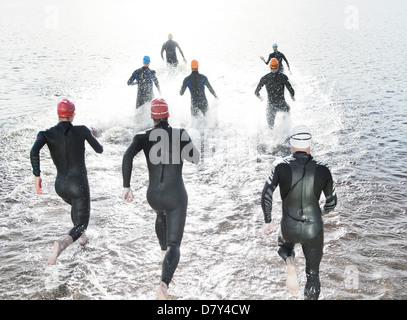 Triathleten in Neoprenanzüge laufen ins Meer Stockfoto