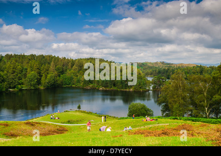 Holidaymakes genießen den Sonnenschein am Ufer des Tarn Hows im Lake District in der Nähe von Coniston, Cumbria, England. Stockfoto