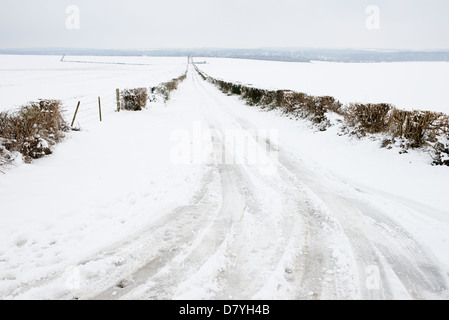 Reifenspuren auf verschneiten Feldweg Stockfoto