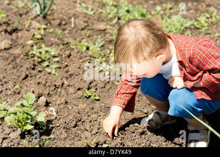 Nahaufnahme Bild von einem niedlichen Kind auf der Suche nach etwas im Garten. Stockfoto