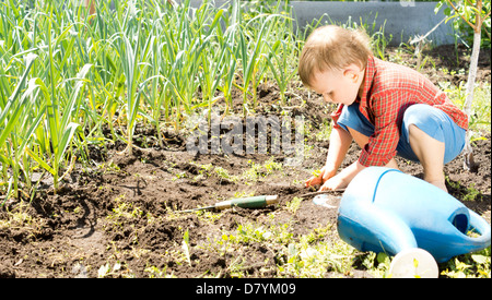 Kleiner Junge bei der Gartenarbeit kauerte auf dem Boden unter Reihen von frischen grünen Pflanzen Stockfoto