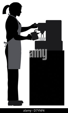 Weibliche Kaffee Barkeeper Barista Silhouette Zubereitung von Espresso und Milch mit Espresso Maschine Illustration dämpfen Stockfoto