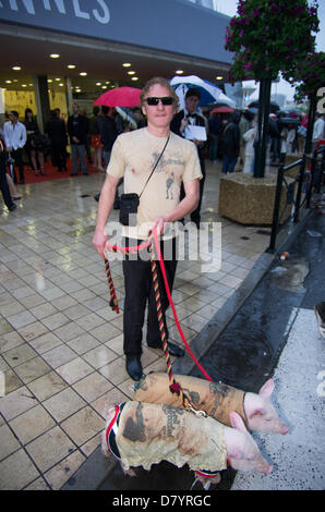 Cannes, Frankreich. 15. Mai 2013.  Menschen flanieren Cannes mit zwei tätowierten Schweine an der Leine am 15. Mai 2013 in Cannes, Frankreich. Bildnachweis: Jonatha Borzicchi redaktionelle Alamy Live News Stockfoto