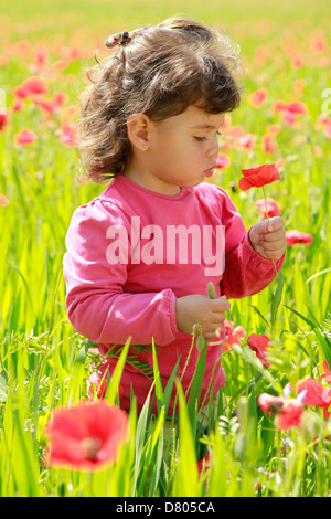 Kleines Mädchen mit Mohnblumen. Stockfoto