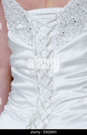 Nahaufnahme von hinten Braut Kleid Detail am Hochzeitstag Stockfoto