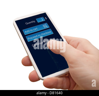 Nahaufnahme des Mannes Hand berühren Screen Smartphones mit Add to Taste auf dem Display - Isolated on White Cart Stockfoto