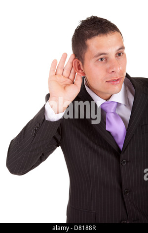 Business-Mann hören will, isoliert auf weiß Stockfoto