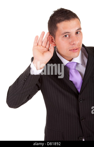 Business-Mann hören will, isoliert auf weiß Stockfoto