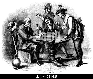 1840er Jahren Gravur: am Spieltisch (nach einem Gemälde von Teniers) Stockfoto
