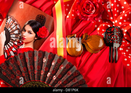 Flamenco-Frau mit Torero und typische Spanien Espana Elemente wie Kastagnetten-Fan und Kamm Stockfoto