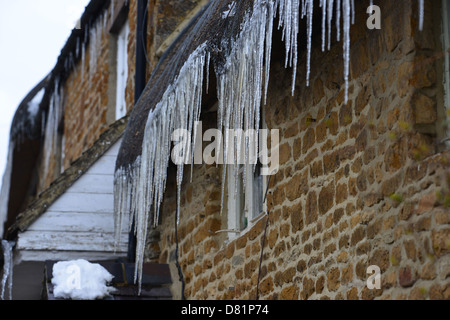 Eiszapfen hängen vom Dach des Reetdachhaus in Nord Oxfordshire Dorf Hook Norton Stockfoto