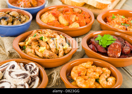 Tapas - Chorizo al Vino, Gambas Pil-Pil, Patatas Bravas, Albondigas, Setas al Ajilo, Pollo al Limon, Rollitos de Pollo. Stockfoto