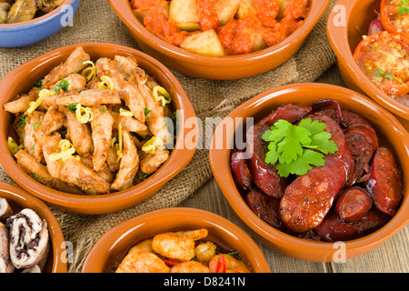 Tapas - Chorizo al Vino, Gambas Pil-Pil, Patatas Bravas, Albondigas, Setas al Ajilo, Pollo al Limon, Rollitos de Pollo. Stockfoto