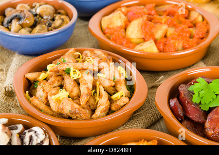 Tapas - Chorizo al Vino, Gambas Pil-Pil, Patatas Bravas, Albondigas, Setas al Ajilo, Pollo al Limon, Rollitos de Pollo. Stockfoto