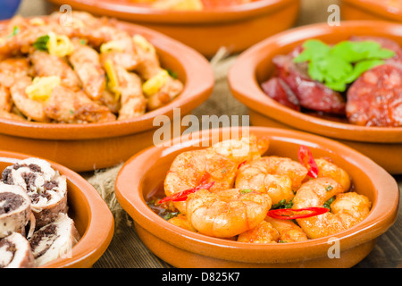 Tapas - Chorizo al Vino, Gambas Pil-Pil, Patatas Bravas, Albondigas, Setas al Ajilo, Pollo al Limon, Rollitos de Pollo. Stockfoto